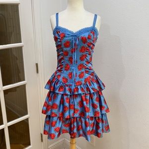 Vintage Y2K 🌹 Betsey Johnson Blue Silk Red Rose Ribbon Dress, Size 4